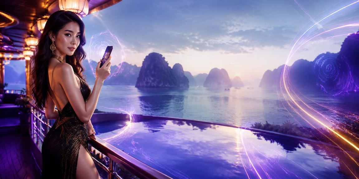 Người chơi theo dõi phân tích kèo esports với màn hình neon tại vịnh Hạ Long về đêm