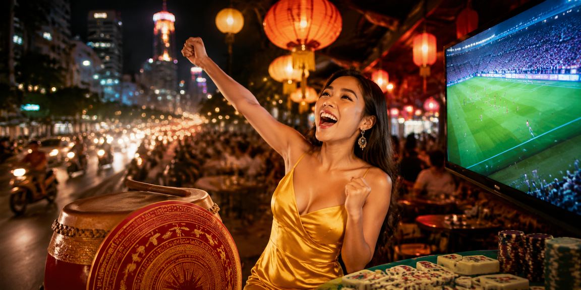 Nhóm bạn tại chợ đêm TP.HCM cùng xem phân tích trận đấu trên điện thoại