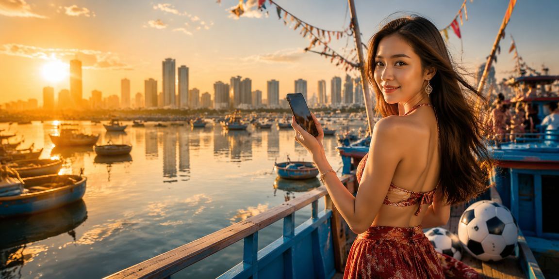 Người dùng tại Mũi Né xem tỷ lệ kèo bóng đá và đặt cược qua điện thoại trên bãi biển